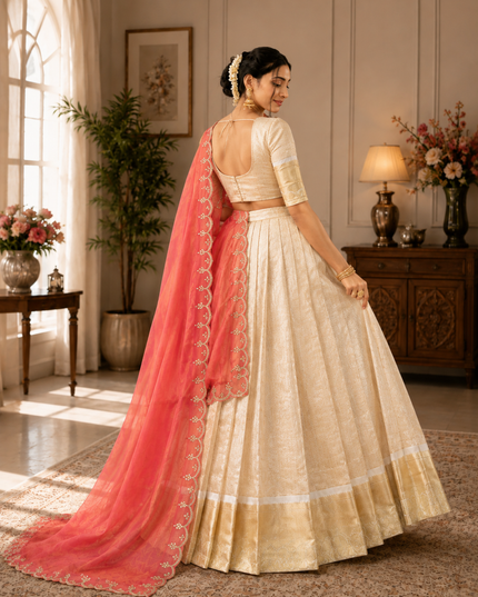 Jacquard Chex Zari Lehenga Choli Set | Embroidered Dupatta | Onam & Festive Wear | Orange, Green & Pink