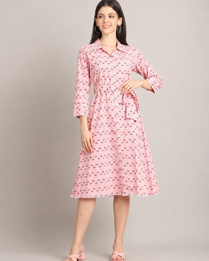 Baby Pink Floral Print Mull Cotton Chanderi Midi Dress | A-Line | Rosepetals Luxe