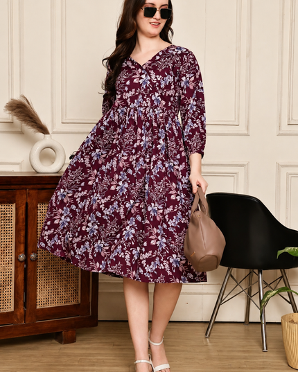 Deep Purple Floral Print Mull Cotton Chanderi Midi Dress | A-Line | Rosepetals Luxe