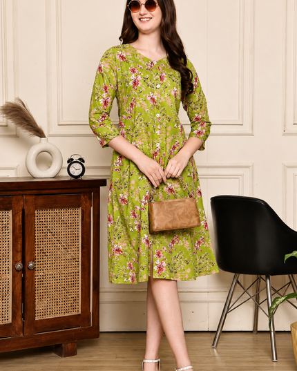 Lime Green Floral Print Mull Cotton Chanderi Midi Dress | A-Line | Rosepetals Luxe