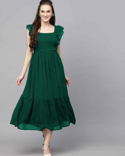 Green Long Trending Georgette Butti Gown with Frill Sleeves