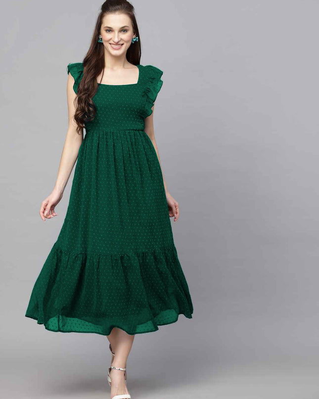 Green Long Trending Georgette Butti Gown with Frill Sleeves