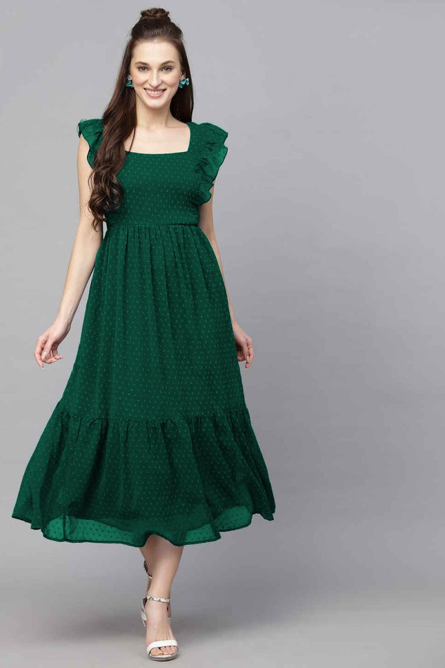 Green Long Trending Georgette Butti Gown with Frill Sleeves