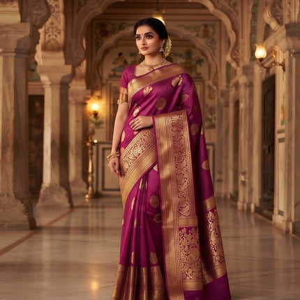 Model wearing purple Kanchipuram silk saree with a gold-toned butta motif and ornate bird-and-floral woven border