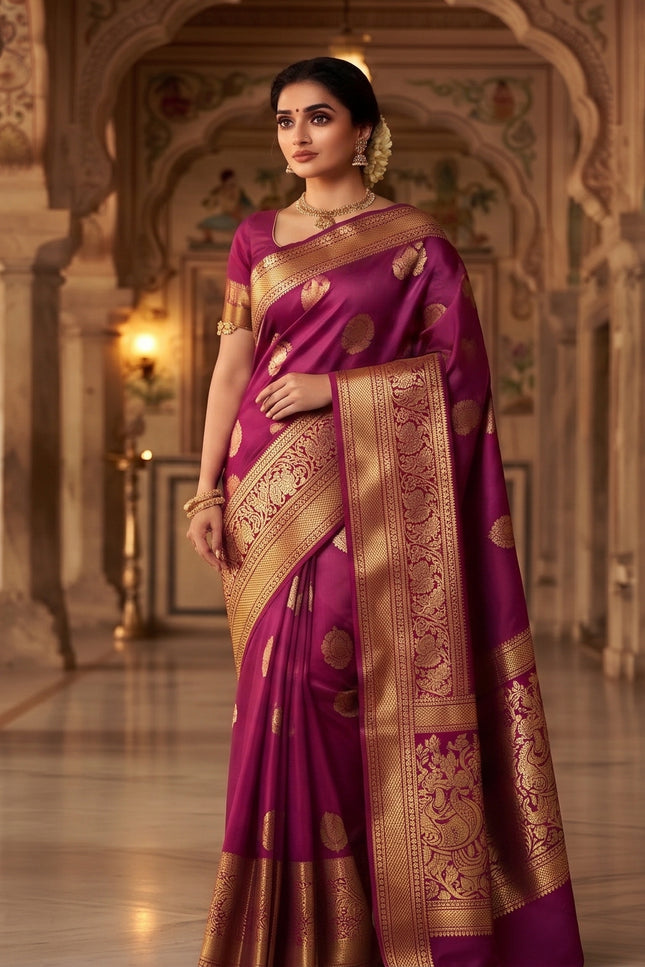 Model wearing purple Kanchipuram silk saree with a gold-toned butta motif and ornate bird-and-floral woven border