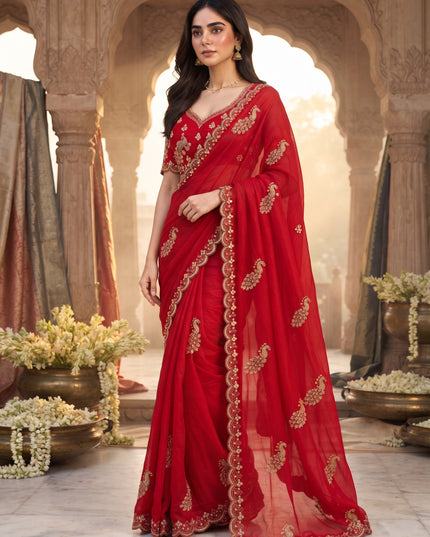 Model wearing a red Fendy satin silk saree with embellished motifs, a scalloped embroidered border and matching blouse