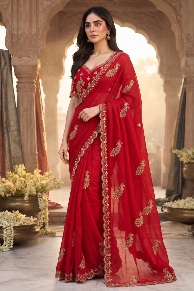 Model wearing a red Fendy satin silk saree with embellished motifs, a scalloped embroidered border and matching blouse