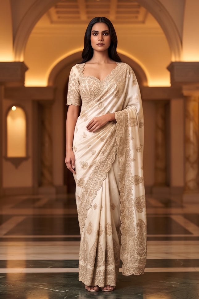 Model wearing an ivory Fendy satin silk saree with embroidered motifs, a scalloped border and matching blouse