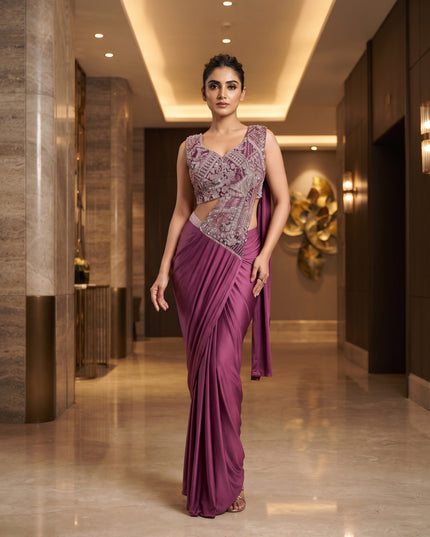 Model wearing a lavender ready-to-wear saree with a sleeveless embellished blouse and an asymmetric decorative front panel.