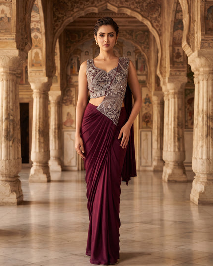 Model wearing a wine ready-to-wear saree with a sleeveless embellished blouse and an asymmetric decorative front panel.