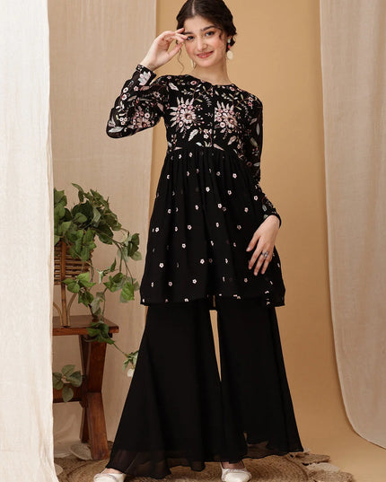 Girls Embroidered Fox Georgette Kurta Palazzo Set Festive Ethnic Party Wear with Long Sleeves