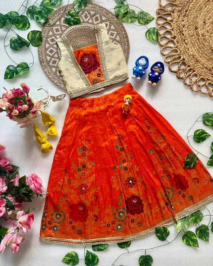 Girls Designer Viscose Dola Silk Embroidered Festive Lehenga Choli with Shimmer Tissue Blouse