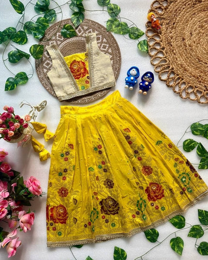 Girls Designer Viscose Dola Silk Embroidered Festive Lehenga Choli with Shimmer Tissue Blouse