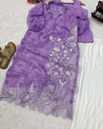 Organza Digital Print Mirror Work Long Shrug with Inner Top and Rayon Pants