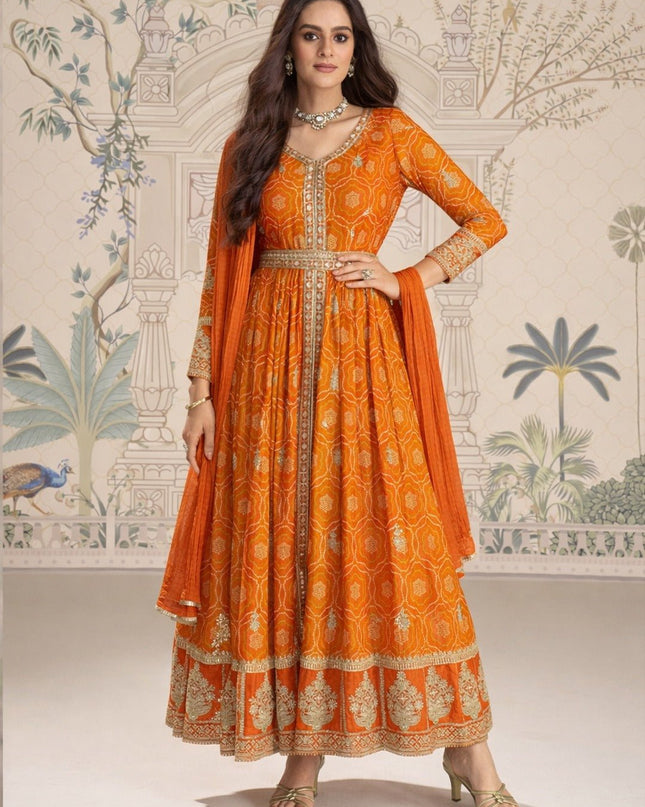 Chinon Silk Anarkali Gown with Embroidery Sequence Work with Digital Print | Perfect Festive Wear - Rosepetals Luxe