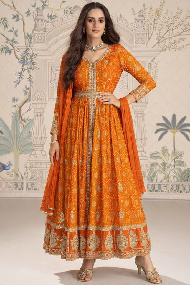 Chinon Silk Anarkali Gown with Embroidery Sequence Work with Digital Print | Perfect Festive Wear - Rosepetals Luxe