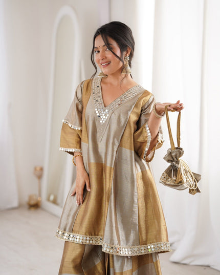 Two - Tone Tissue Fabric Designer Kurta Palazzo Set with Embroidered & Mirror work | Best For Premium Look - Rosepetals Luxe