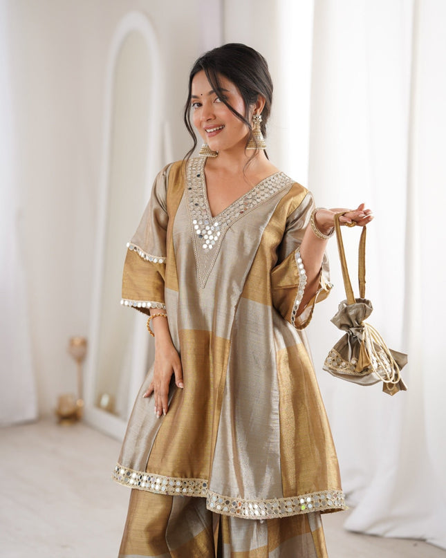 Two - Tone Tissue Fabric Designer Kurta Palazzo Set with Embroidered & Mirror work | Best For Premium Look - Rosepetals Luxe