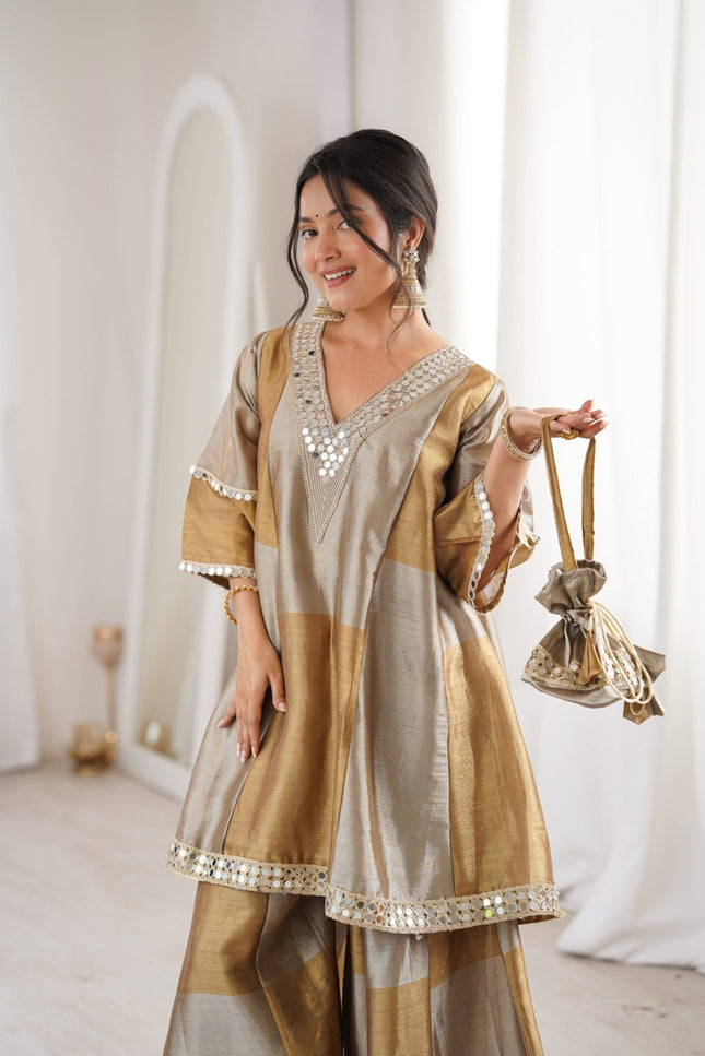 Two - Tone Tissue Fabric Designer Kurta Palazzo Set with Embroidered & Mirror work | Best For Premium Look - Rosepetals Luxe