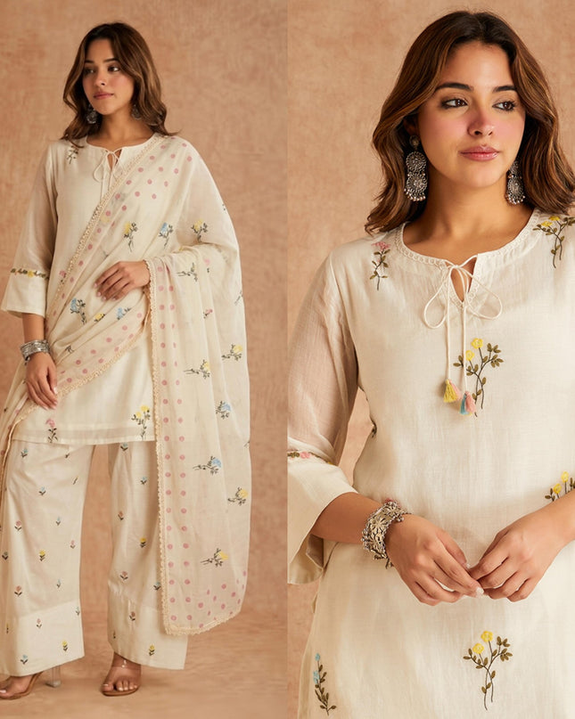 Pure Cotton Silk Designer Party Wear Look Top With Farshi Salwar Dupatta Set | Needle Work Embroidery Work - Rosepetals Luxe