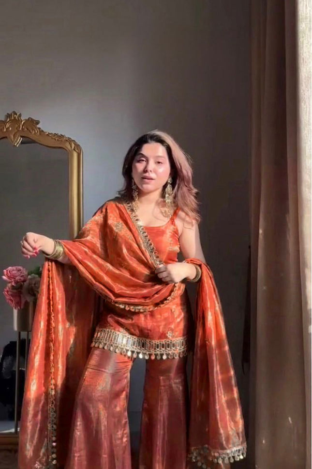 Fendy Silk with Embroidery, Sequence and Real Mirror Work Kurta Sharara Set - Rosepetals Luxe