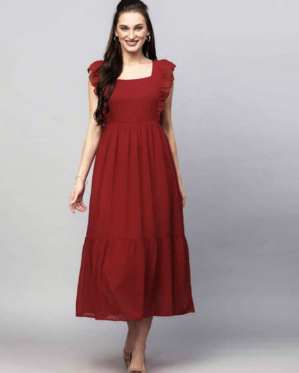 Maroon Long Trending Georgette Butti Gown with Frill Sleeves