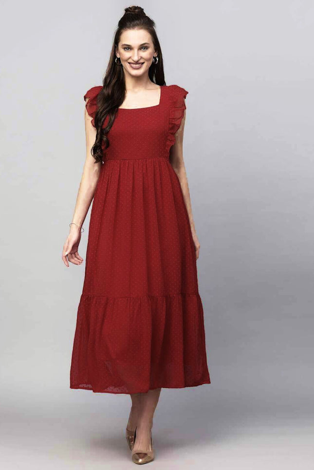 Maroon Long Trending Georgette Butti Gown with Frill Sleeves