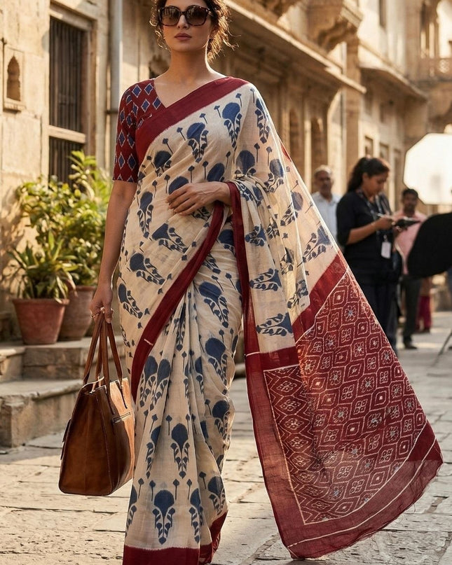Pure Cotton Ikkat Print Sarees With Unstitched Blouse Piece | Feel Like Luxury -  Rosepetals Luxe