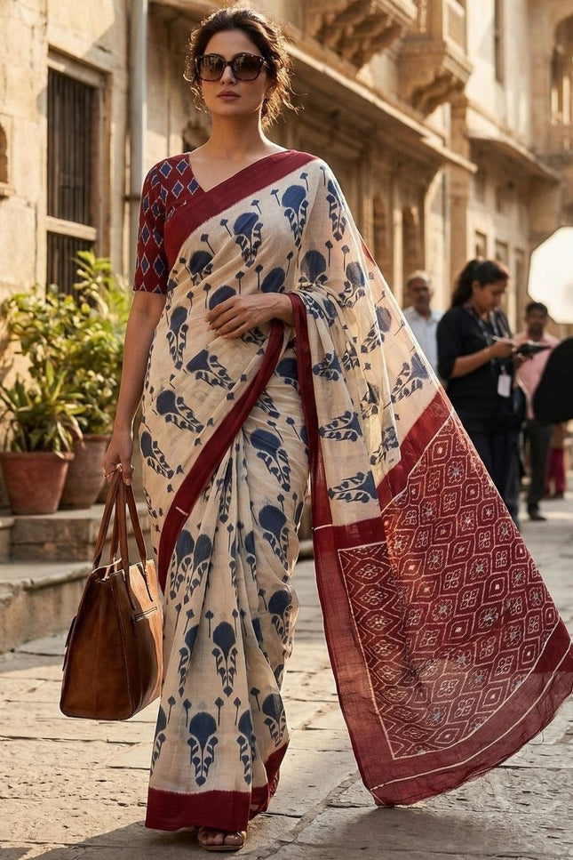 Pure Cotton Ikkat Print Sarees With Unstitched Blouse Piece | Feel Like Luxury -  Rosepetals Luxe