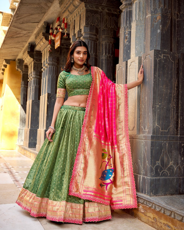 Olive_Green - Paithani Lehenga Choly | Simmer Organza With Zari Weaving Work | Bridal Wear - Rosepetals Luxe