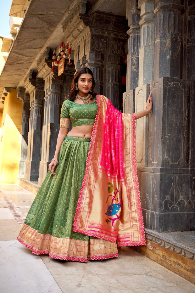 Olive_Green - Paithani Lehenga Choly | Simmer Organza With Zari Weaving Work | Bridal Wear - Rosepetals Luxe