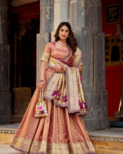 Onion pink - Paithani Lehenga Choly | Simmer Organza With Zari Weaving Work | Bridal Wear - Rosepetals Luxe