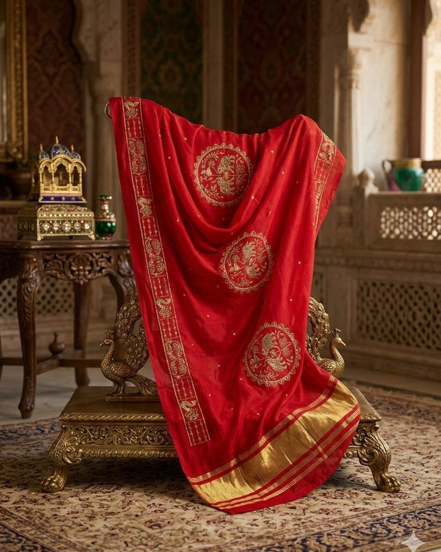 Orange Hathi Dupatta | Semi Gajji Silk with Zari & Sequin Work | Rosepetals Luxe