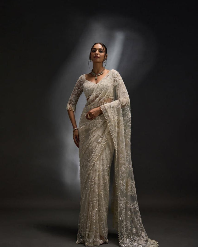 Heavy Mono Net 5MM Multi Sequins Saree with Embroidered Net Blouse Piece - Rosepetals Luxe