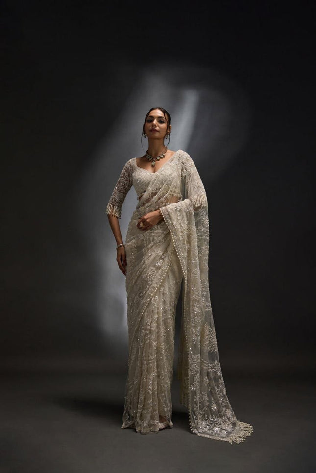 Heavy Mono Net 5MM Multi Sequins Saree with Embroidered Net Blouse Piece - Rosepetals Luxe