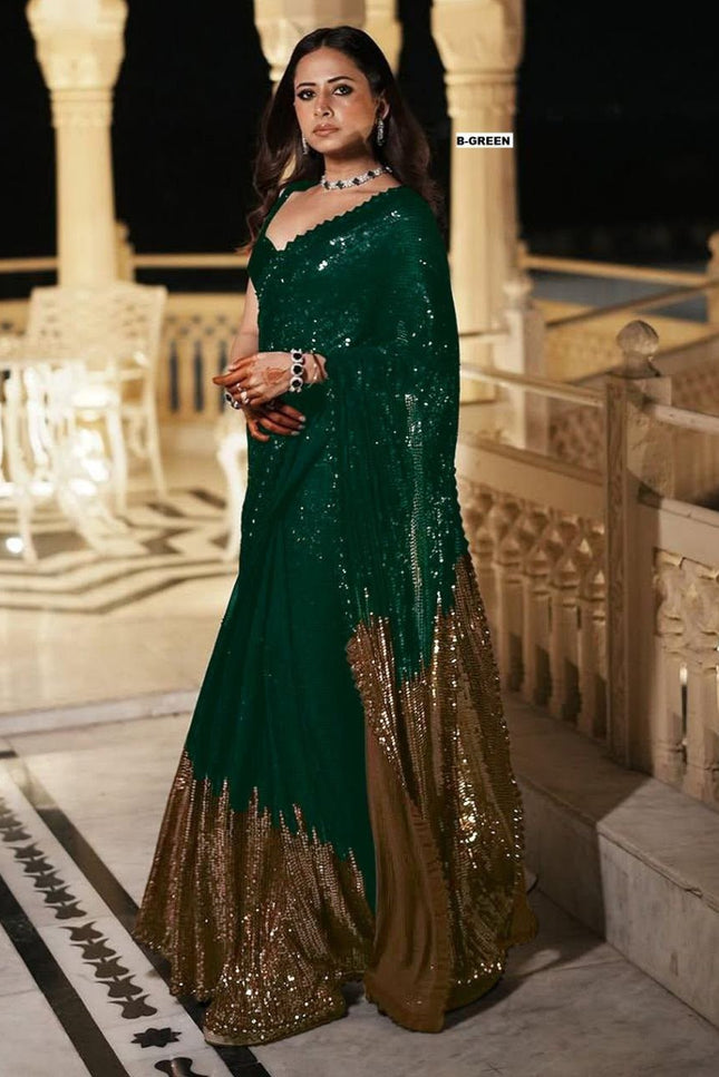 Bollywood Blockbuster Dual‑Sequins Georgette Saree |Luxurious Ethnic Saree - Rosepetals Luxe