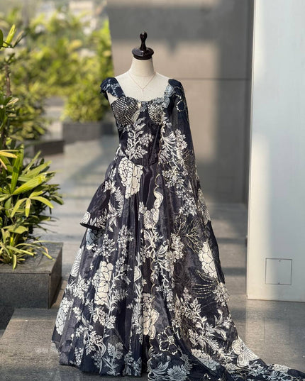 Pure Organza Digital Printed 8mtr Flair Black Lehenga With Designer Batwa Bag | Embroidery Sequence Work - Rosepetals Luxe