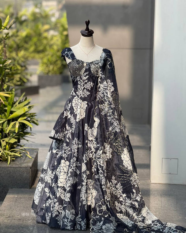 Pure Organza Digital Printed 8mtr Flair Black Lehenga With Designer Batwa Bag | Embroidery Sequence Work - Rosepetals Luxe