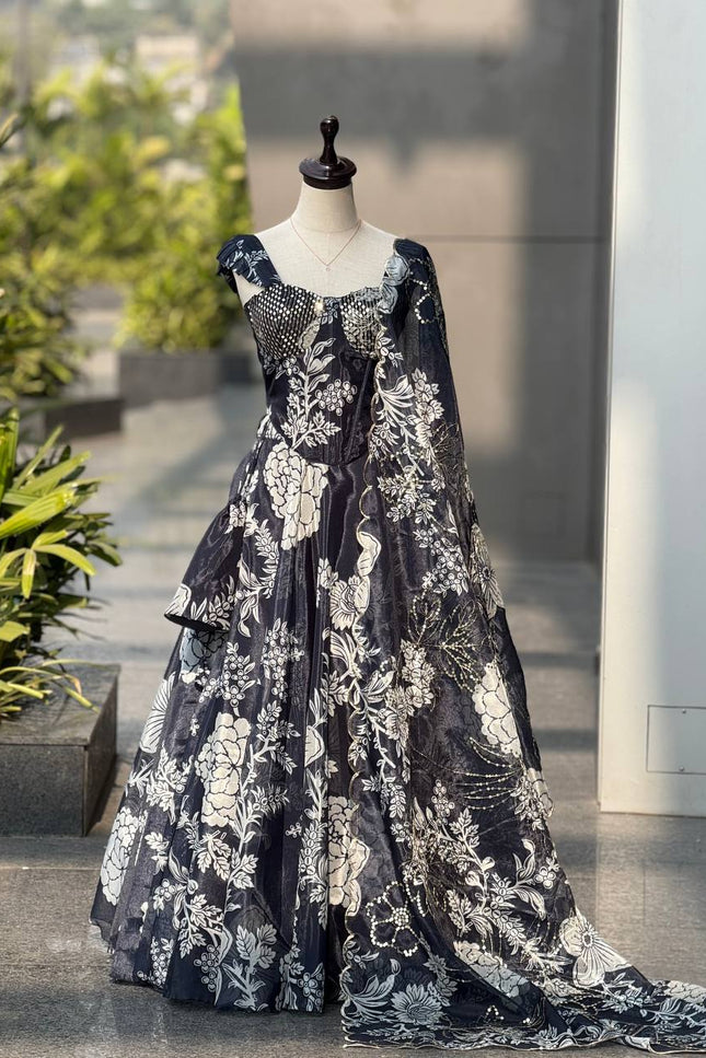 Pure Organza Digital Printed 8mtr Flair Black Lehenga With Designer Batwa Bag | Embroidery Sequence Work - Rosepetals Luxe