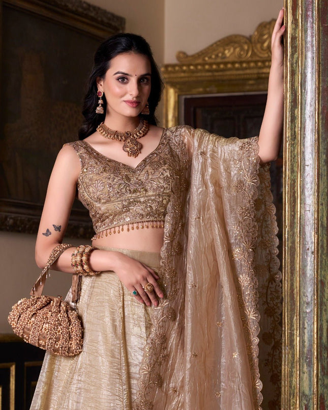 Semi - Stiched Gold Crush Lehenga | Thread Embroidery Work | Perfect For Wedding and Festive Occations - Rosepetals Luxe