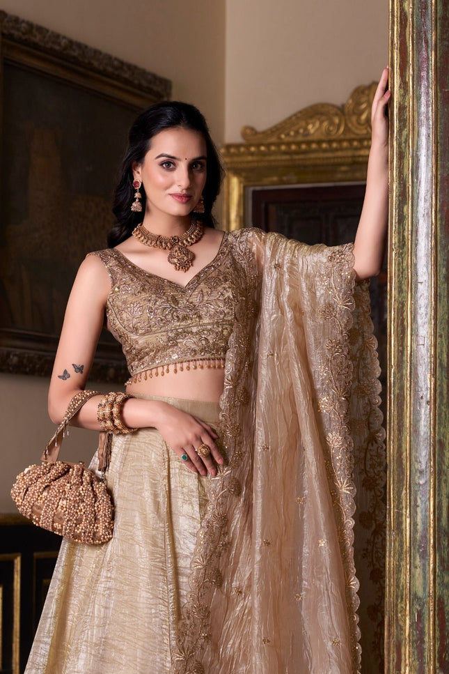 Semi - Stiched Gold Crush Lehenga | Thread Embroidery Work | Perfect For Wedding and Festive Occations - Rosepetals Luxe