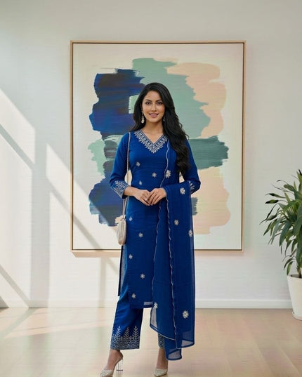 Rayon Cotton Kurta & Bottom Set | Simple Minimal Style With Embroidery Work - Rosepetals Luxe