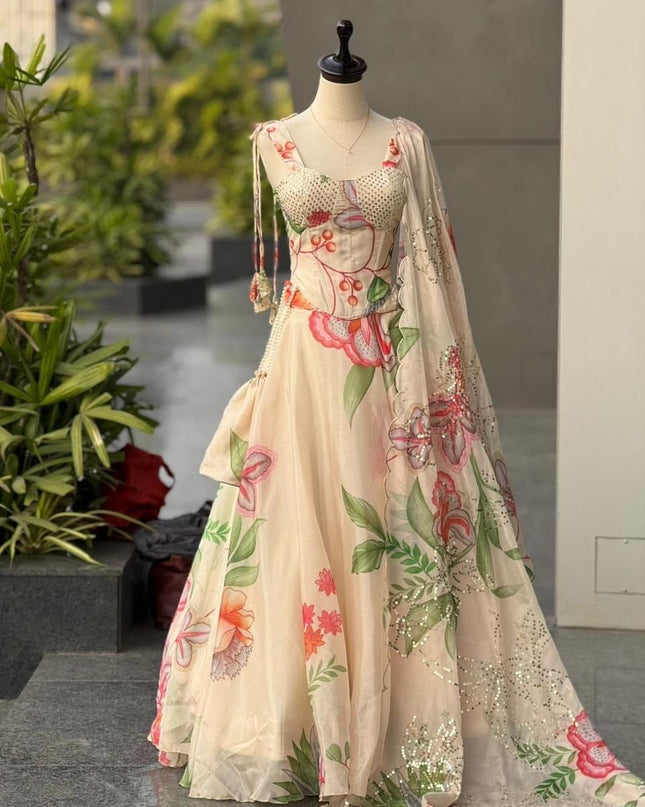 Pure Jimmy Organza Digital Printed Flair Lehenga With Designer Batwa Bag - Rosepetals Luxe
