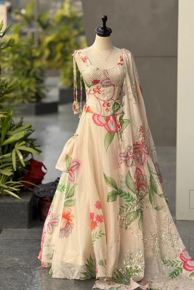 Pure Jimmy Organza Digital Printed Flair Lehenga With Designer Batwa Bag - Rosepetals Luxe