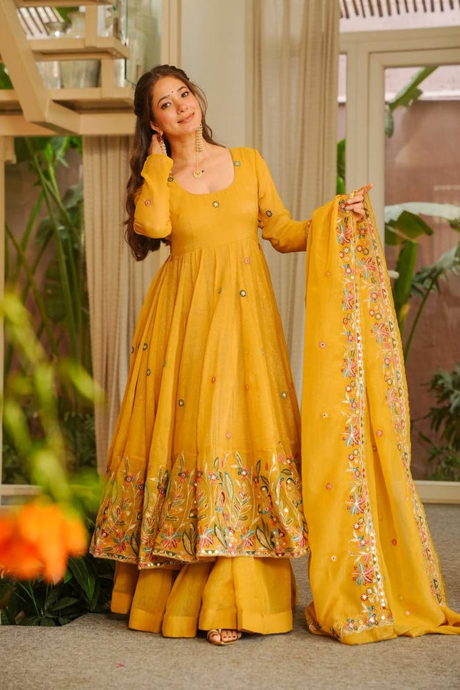 3‑Piece Anarkali Gown Sharara Set |Festive & Celebration - Rosepetals Luxe