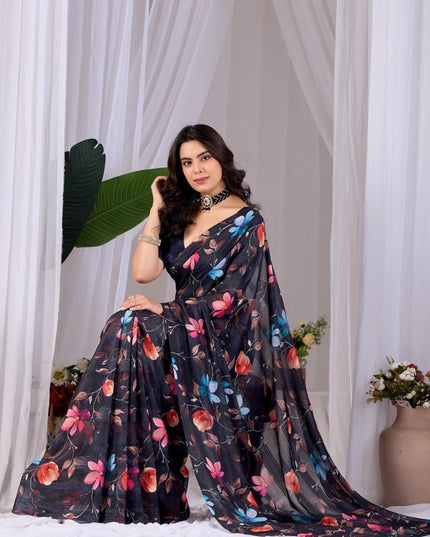 Premium Monsoon Saree With Multicolor Floral Digital Prints | Classy and Effortlessly Chic Look - Rosepetals Luxe