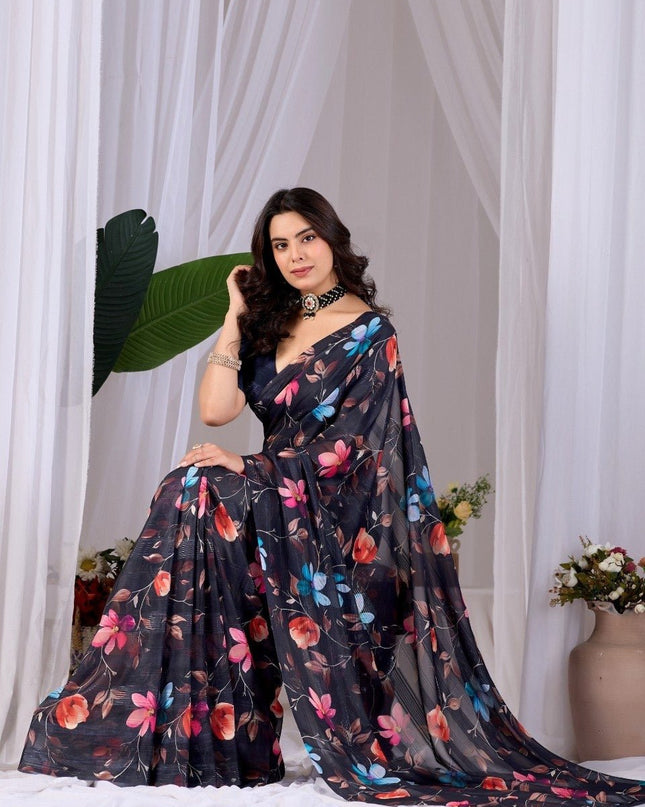 Premium Monsoon Saree With Multicolor Floral Digital Prints | Classy and Effortlessly Chic Look - Rosepetals Luxe