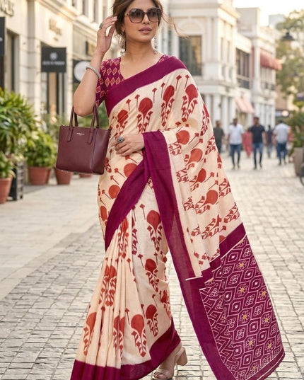 Pure Cotton Ikkat Print Sarees With Unstitched Blouse Piece | Feel Like Luxury - Rosepetals Luxe