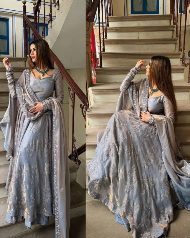 Heavy Fandy Silk Designer Anarkali Suit | Hand Work & Embroidery | Perfect For Festivals and Celebrations - Rosepetals Luxe