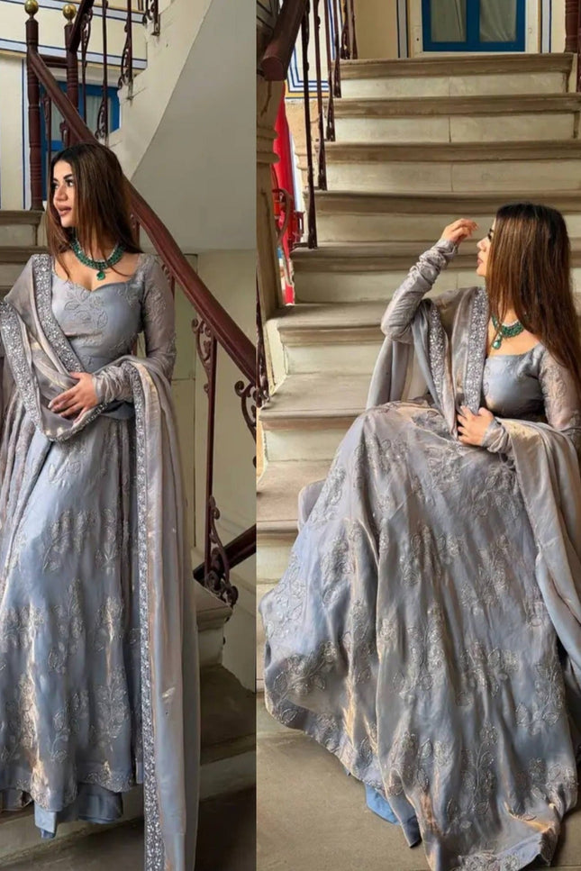 Heavy Fandy Silk Designer Anarkali Suit | Hand Work & Embroidery | Perfect For Festivals and Celebrations - Rosepetals Luxe